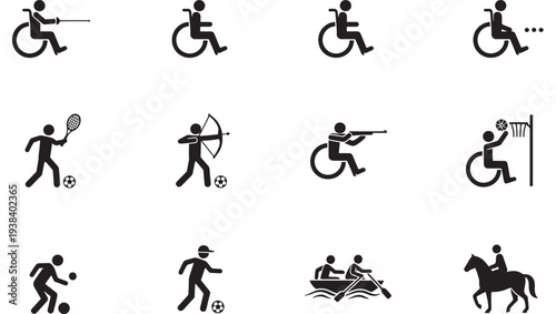 Icons of disabled athletes and individuals participating in various sports and activities, including fencing, archery, shooting, basketball, soccer,