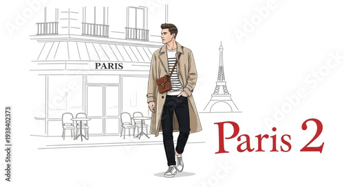 Stylish Man in Trench Coat Strolling Through Paris.