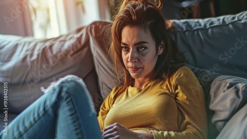 Thoughtful Young Woman Sitting on Couch with Concerned Expression | Pensive Female in Yellow Sweater Reflecting in Living Room