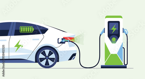Electric Car Charging at Modern Station with Green Energy Symbol