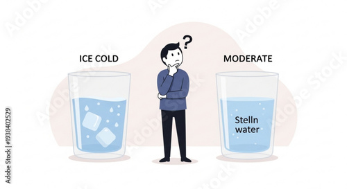 Man comparing ice cold and moderate temperature glasses of water with thought bubble