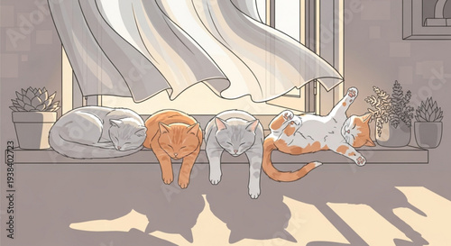 Three cats sleeping on a windowsill with plants and curtains warm sunlight casting shadows