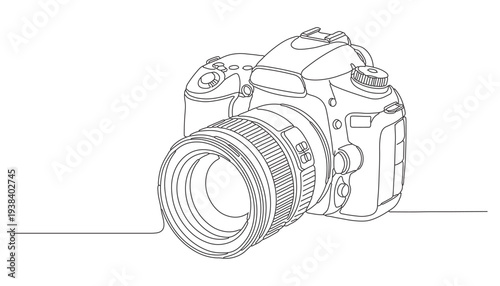 Continuous line drawing of a dslr camera on a white background