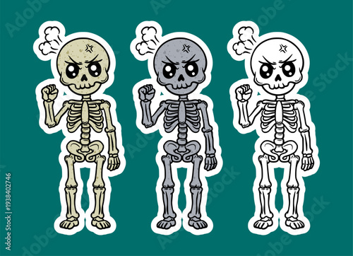 Angry skeleton standing with clenched fist cartoon character