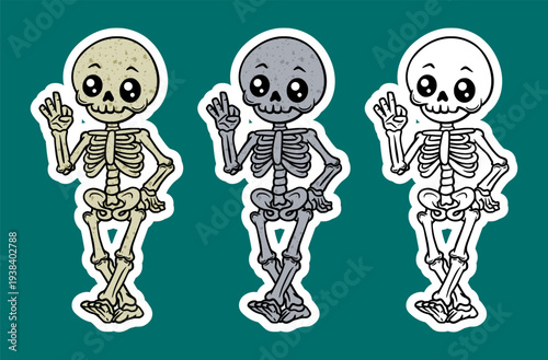 Skeleton waving hello while standing cartoon character