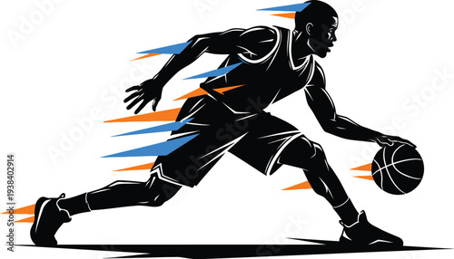 Dynamic vector illustration of a male basketball player skillfully dribbling the ball with speed and intensity, showcasing athletic prowess and fast-paced game action.