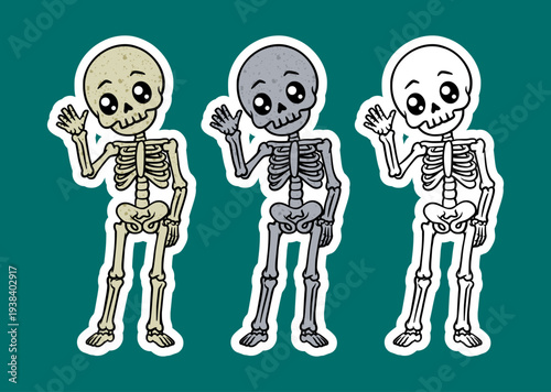 Cute skeleton waving cartoon character