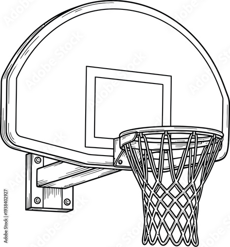 Detailed black and white vector illustration graphic depicting a wall mounted basketball hoop with a net and backboard outline