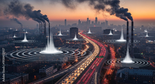 Industrial cityscape with smoking chimneys and futuristic energy towers.