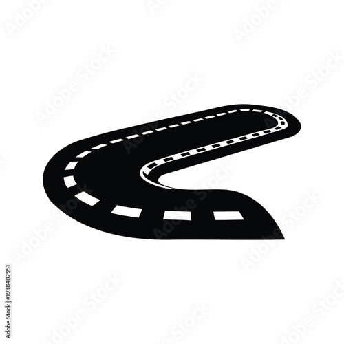 Silhouette of winding road with dashed lines and curves in black and white vector illustration, race track silhouette vector illustration