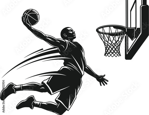 Dynamic black and white vector graphic illustration depicting an athletic basketball player executing a powerful slam dunk near the hoop