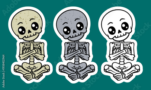 Skeleton sitting cross legged with arms crossed cartoon character