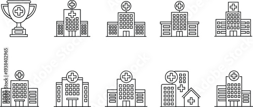 Hospital building line icons set. Medical center, clinic and healthcare facility outline illustrations isolated on transparent background. Modern hospital symbols for health service design.