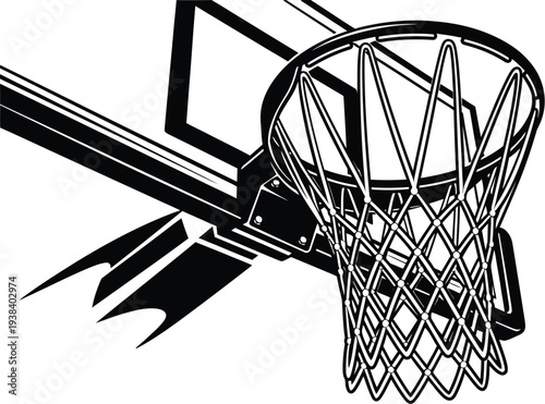 Close up graphic illustration of a stylized basketball hoop rim and net design element in high contrast black and white vector art