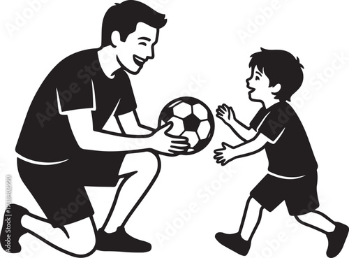 A silhouette vector illustration of a happy family including a man, woman, boy, and girl running and playing football together for fun sport art