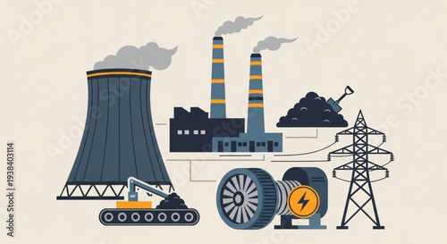 Industrial power plant with cooling tower and coal pile.