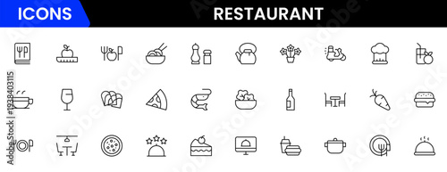 Restaurant line icons set. Restaurant, menu, cooking, drink, chef, table, cafeteria, wine, dish, and eating. Vector illustration