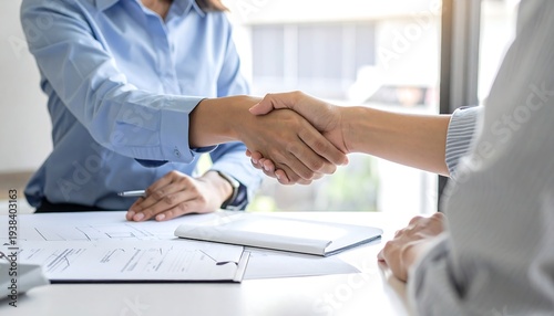 Two people shake hands over a document-laden white desk near a bright window, symbolizing collaboration