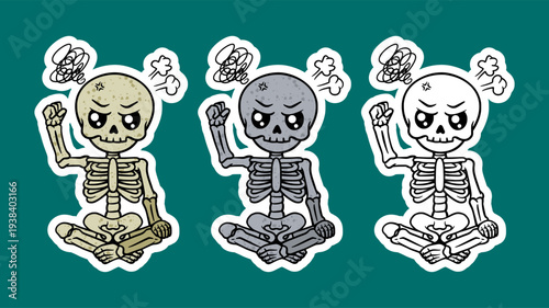 Angry skeleton sitting cross legged cartoon character