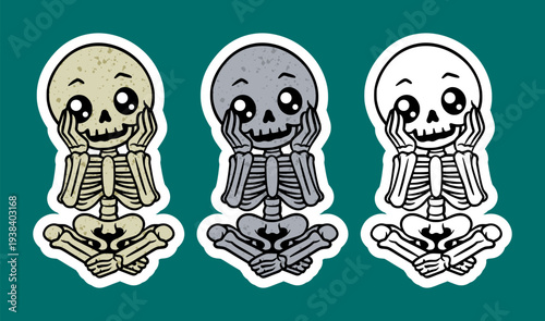 Skeleton sitting cross legged holding cheeks surprised cartoon character