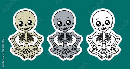 Skeleton sitting cross legged with hands on hips cartoon character