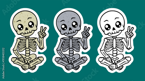 Skeleton sitting cross legged making a peace sign cartoon character