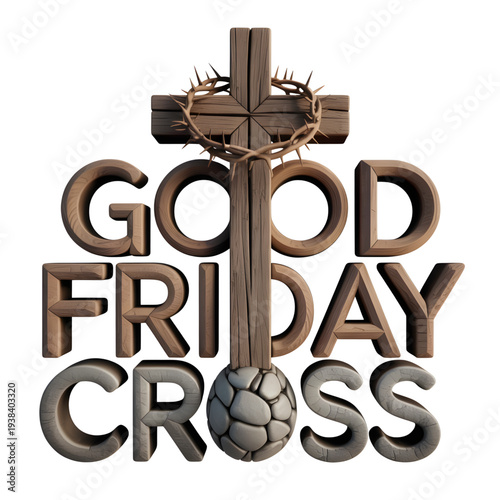Christian Cross with Crown of Thorns in Bronze Metallic Finish on Good Friday Theme in Dramatic Lighting for Religious Illustration