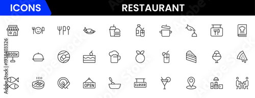 Restaurant line icons set. Restaurant, menu, cooking, drink, chef, table, cafeteria, wine, dish, and eating. Vector illustration