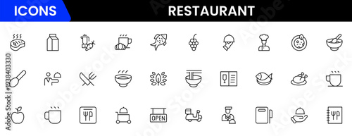 Restaurant line icons set. Restaurant, menu, cooking, drink, chef, table, cafeteria, wine, dish, and eating. Vector illustration