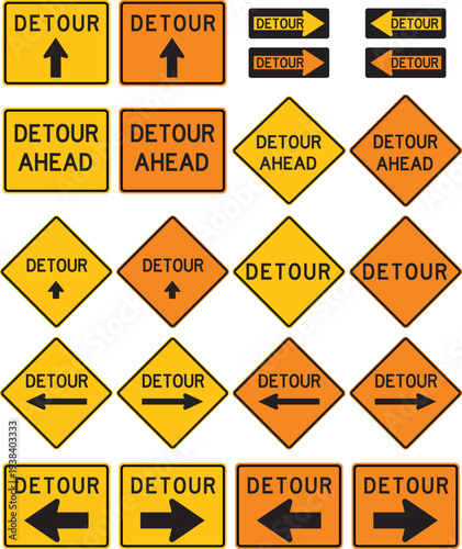 Detour traffic signs, detour ahead street sign diamond, rectangle, orange, yellow, arrow vector illustration. 