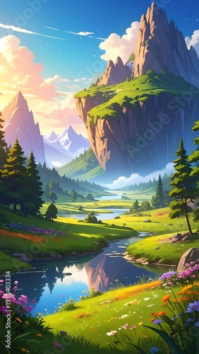A serene mountain landscape with a stream and vibrant wildflowers