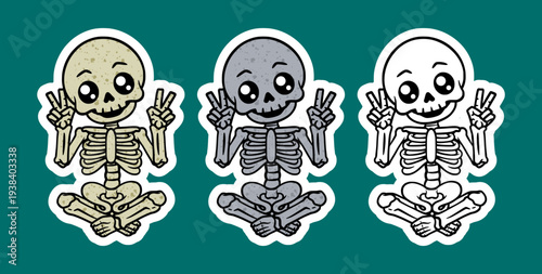 Skeleton sitting cross legged making double peace signs pose cartoon character