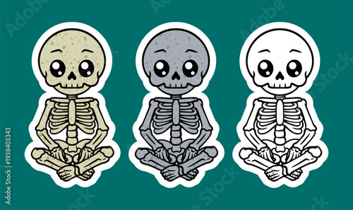 Skeleton sitting cross legged smiling cartoon character