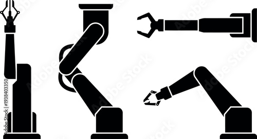 Industrial Robotic Arm Silhouettes Set, Automation Manipulator Icons in Vector EPS and SVG Format