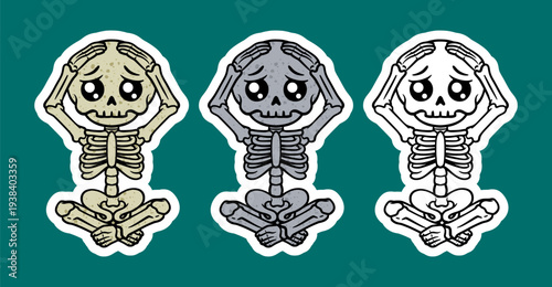 Skeleton sitting cross legged holding head stressed cartoon character