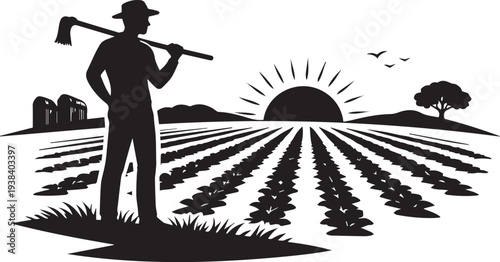 Farmer Working in Crop Field with Hoe at Sunrise