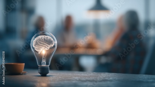 Conceptual image of a lightbulb with a brain inside with people blurred in the background