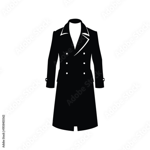 Elegant black and white coat with buttons silhouette vector illustration, trench coat silhouette vector illustration