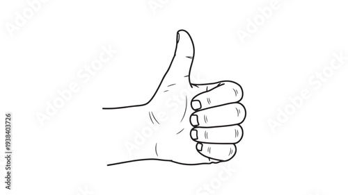 Hand drawn thumbs up gesture with bold black outline against white background, symbol of approval featuring like, success, good with ok and positive