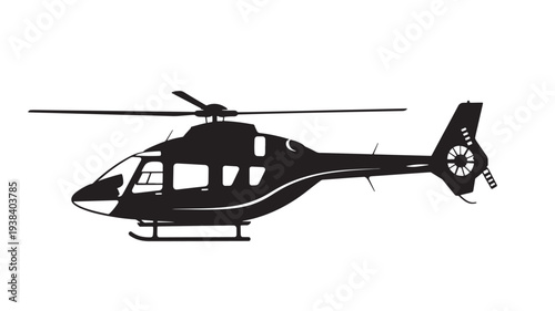 Helicopter silhouette with rotor blades and landing skids, black graphic on white background featuring aircraft, aviation, transport with vehicle and
