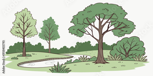 a green illustration of trees and bushes in a field Vector