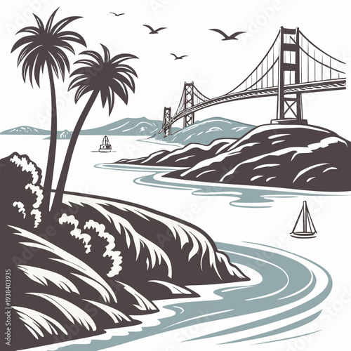 A picturesque view of the iconic golden gate bridge surrounded by nature Vector