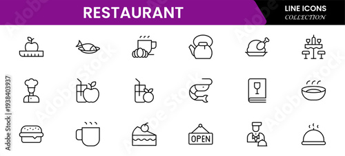 Restaurant line icons set. Restaurant, menu, cooking, drink, chef, table, cafeteria, wine, dish, and eating. Vector illustration