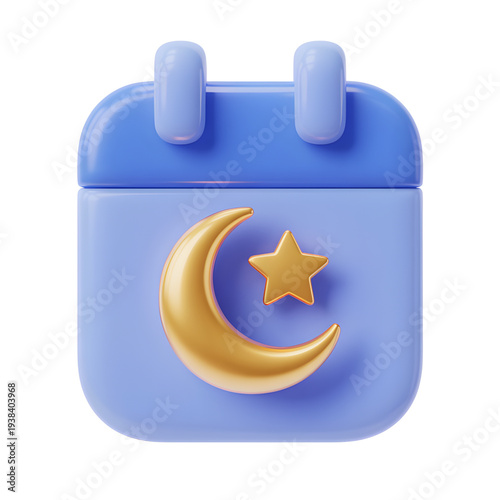 Calendar with crescent moon and star in 3D illustration with soft blue color and warm golden lighting for app icon