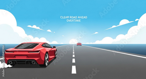 Red sports car driving on a clear road ahead with ocean view