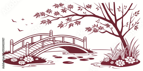 A serene landscape featuring a bridge over a tranquil pond surrounded by cherry blossom trees. Vector