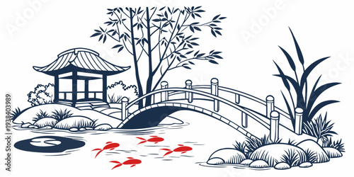 A serene landscape featuring a pond with lily pads and surrounding vegetation. Vector