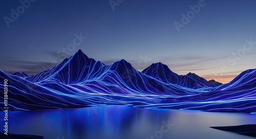 Futuristic Mountains with Neon Lights at Dusk