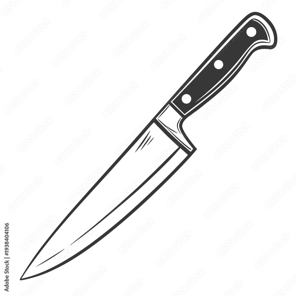 Obraz premium A sharp chef's knife with a black handle and a blade with a pointed tip. Vector