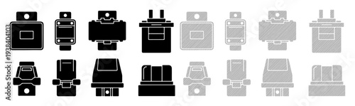 Collection of electronic power adapters in black and gray silhouettes